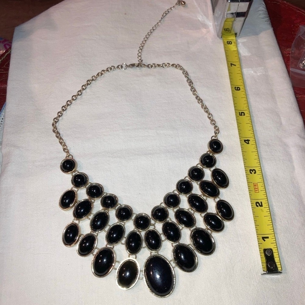 Statement Bib Necklace Black Oval Gemstones Gold Tone Choker‎